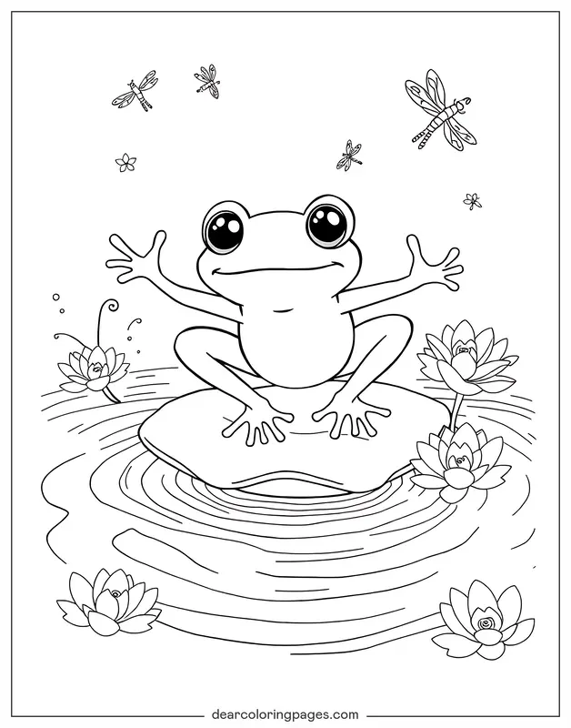 Coloriage de Grenouille – Grenouille Heureuse sur un Nénuphar