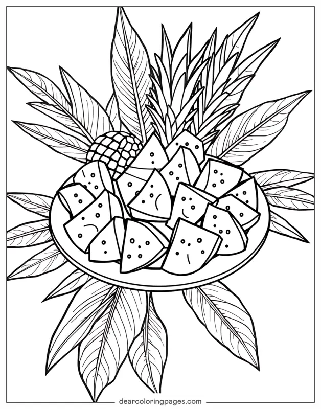 Coloriage de Fruits – Morceaux d'ananas sur un plat