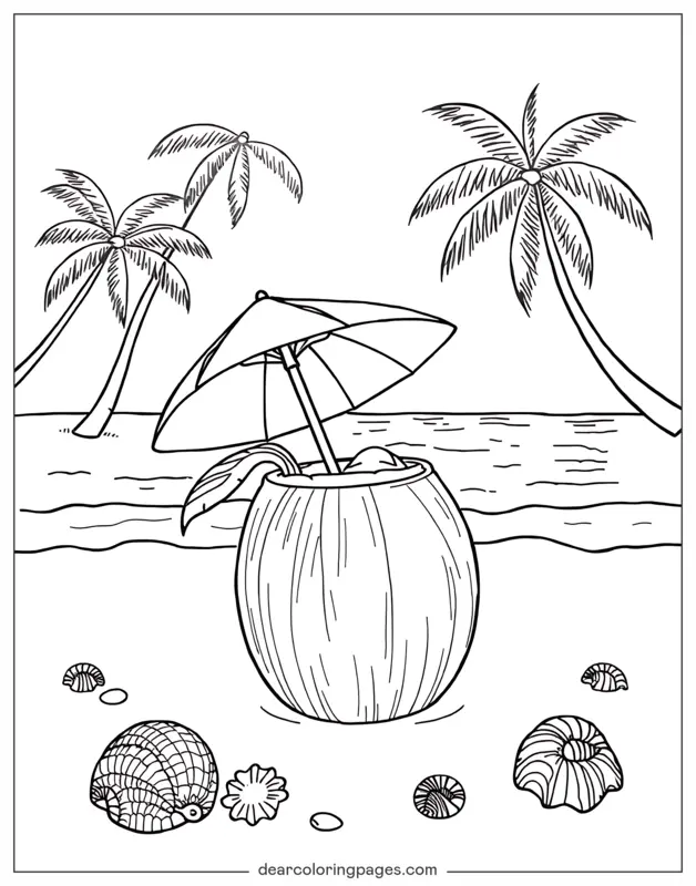 Coloriage de Fruits – Noix de coco surmontée d'un parapluie reposant sur la plage