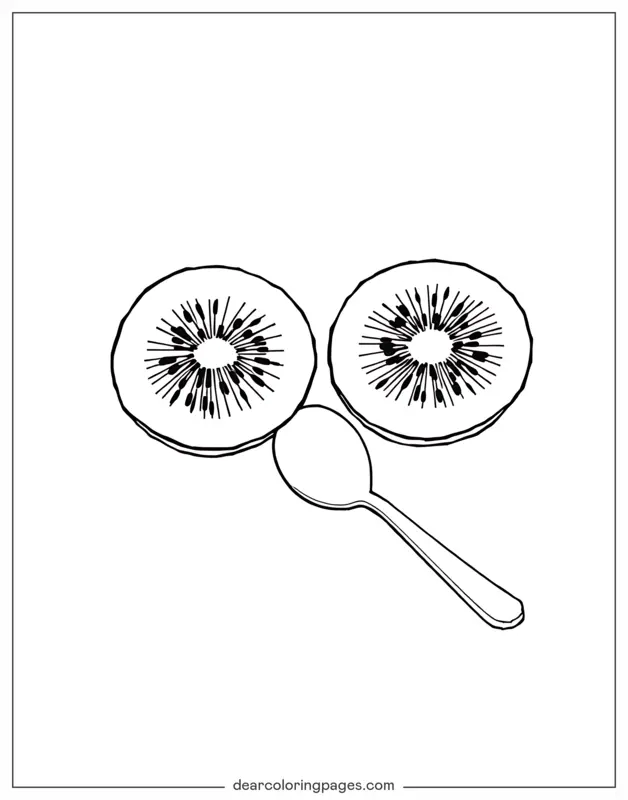 Coloriage de Fruits – Moitiés de kiwi avec cuillère