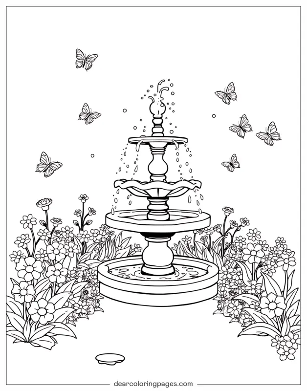 Jardín Dibujo para Colorear - Jardín con fuente