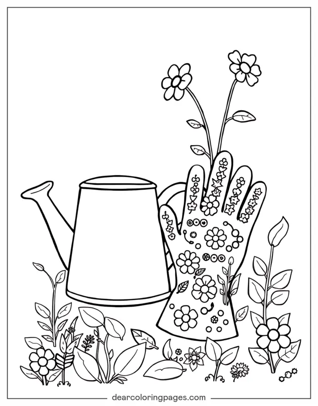 Jardín Dibujo para Colorear - Regadera y guantes