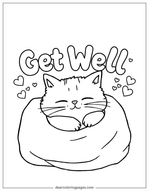 Katze Ausmalbild - Gemütliche Katze mit Get Well