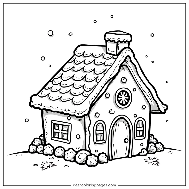 Gingerbread House Coloring Page - Snowy Gingerbread Cottage Coloring Page