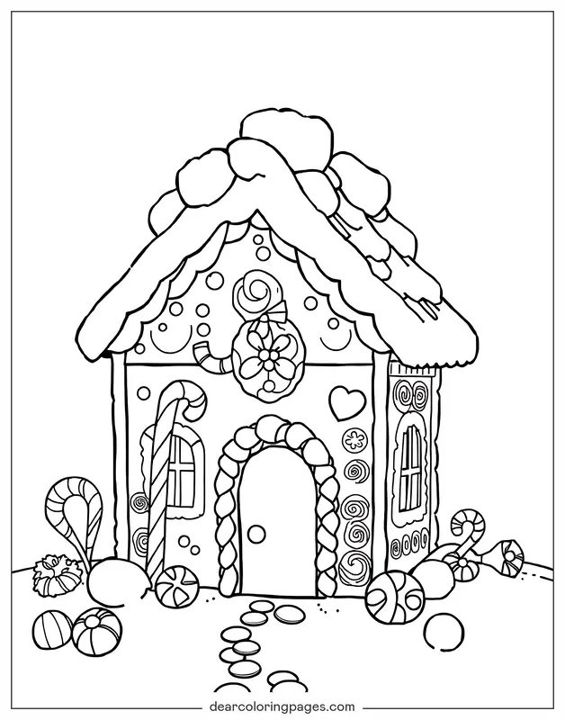 Gingerbread House Coloring Page - Gingerbread House Adorned With Candy Canes