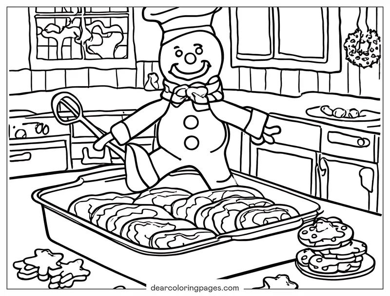 Invierno Dibujo para Colorear - Dibujo para Colorear de Galleta de Jengibre en la Cocina