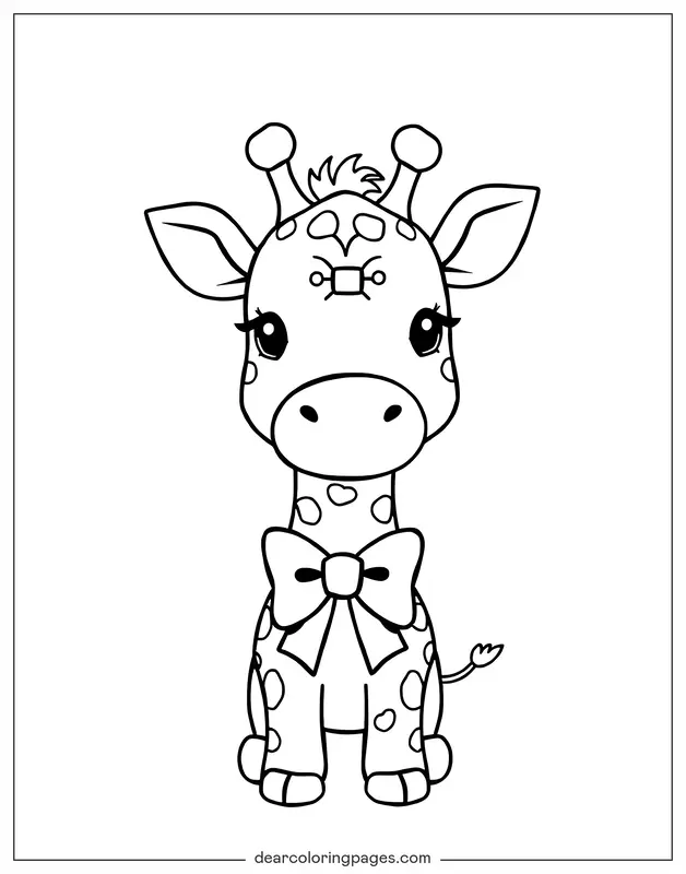 Animale carino Disegno da Colorare - Giraffa Chibi con Fiocchetto