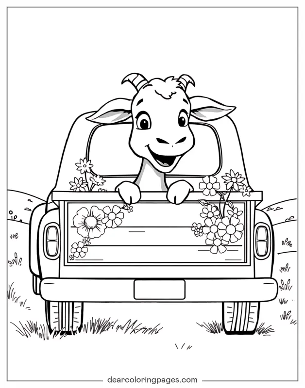 Goat Coloring Page - Goat Peeking Out of Truck