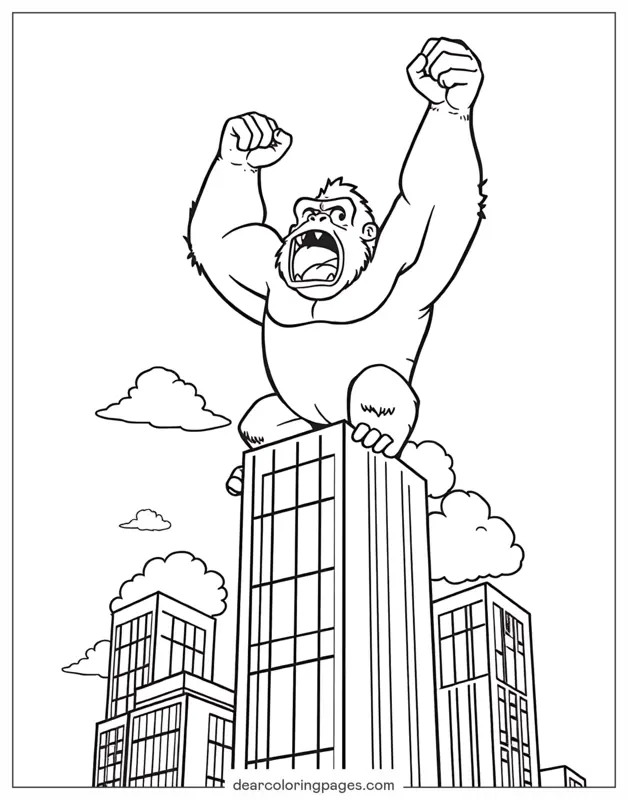 Gorilla Ausmalbild - King Kong Gorilla auf Wolkenkratzer