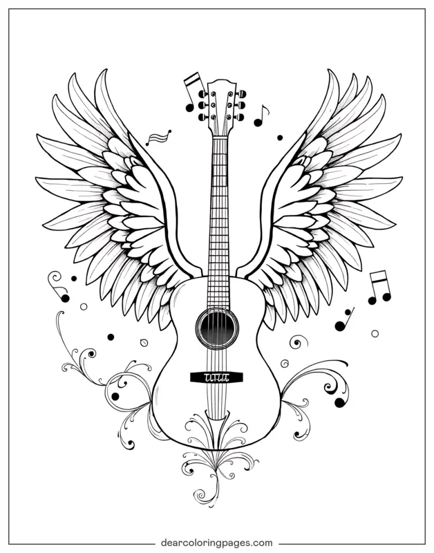 Gitarre mit großen Flügeln geschmückt