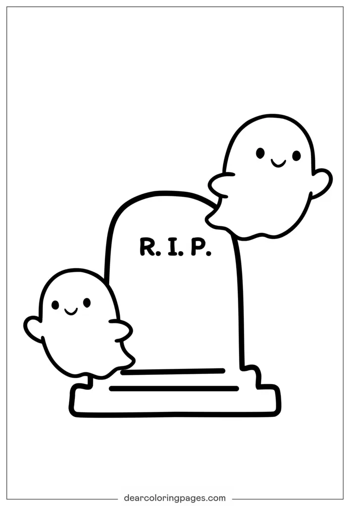 Coloriage Fantôme Mignon et Pierre Tombale – Coloriages Halloween Faciles