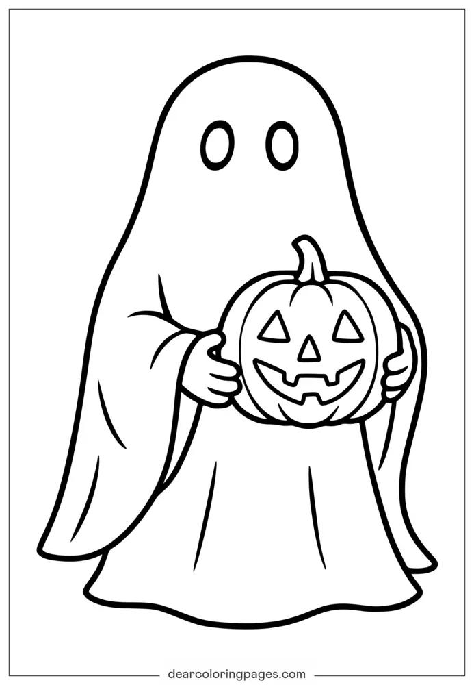 Coloriage Halloween Fantôme avec Citrouille-Lanterne pour Enfants