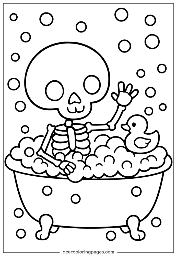 Dibujos para Colorear Gratis de Esqueleto Tierno en Baño de Burbujas de Halloween para Niños