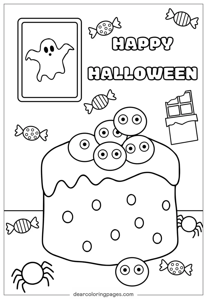 Cute Halloween Eyeball Cake and Candy Coloring Page