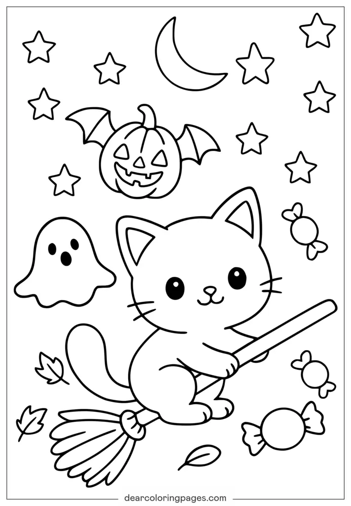 Cute Halloween Cat With Ghost and Pumpkin