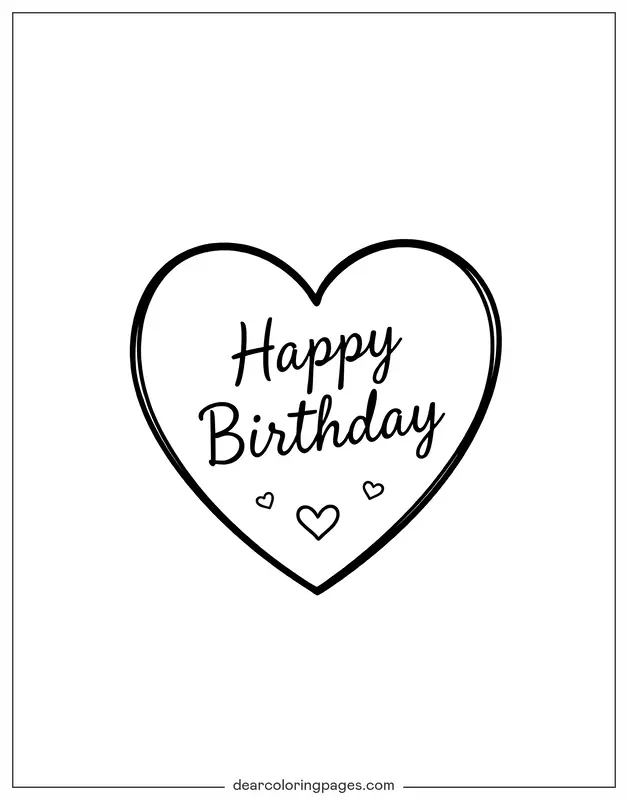 Alles Gute zum Geburtstag Ausmalbild - Einfache Linienherz mit Herzlichen Glückwünschen zum Geburtstag