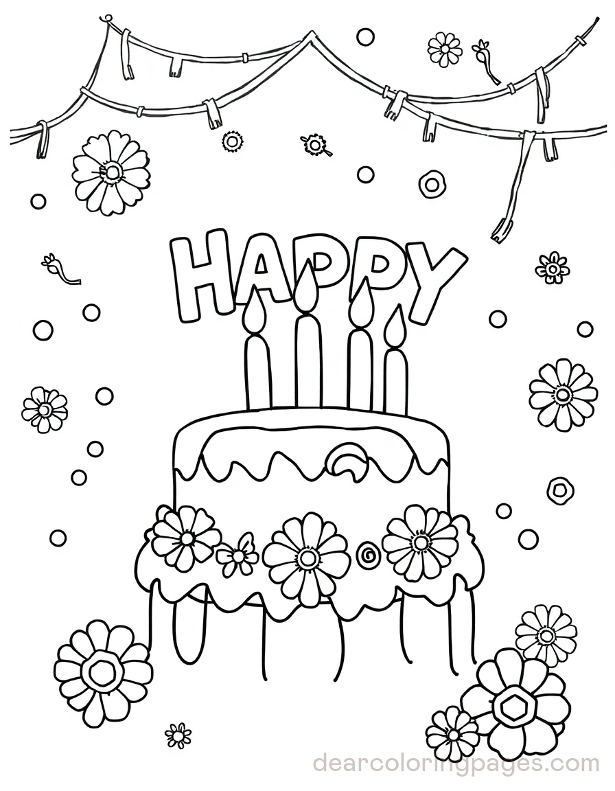 Birthday Cake with Outlined Text Happy Coloring Page