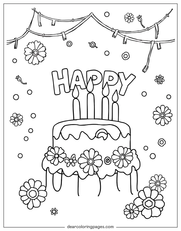 Alles Gute zum Geburtstag Ausmalbild - Geburtstagskuchen mit umrandetem Text "Alles Gute"