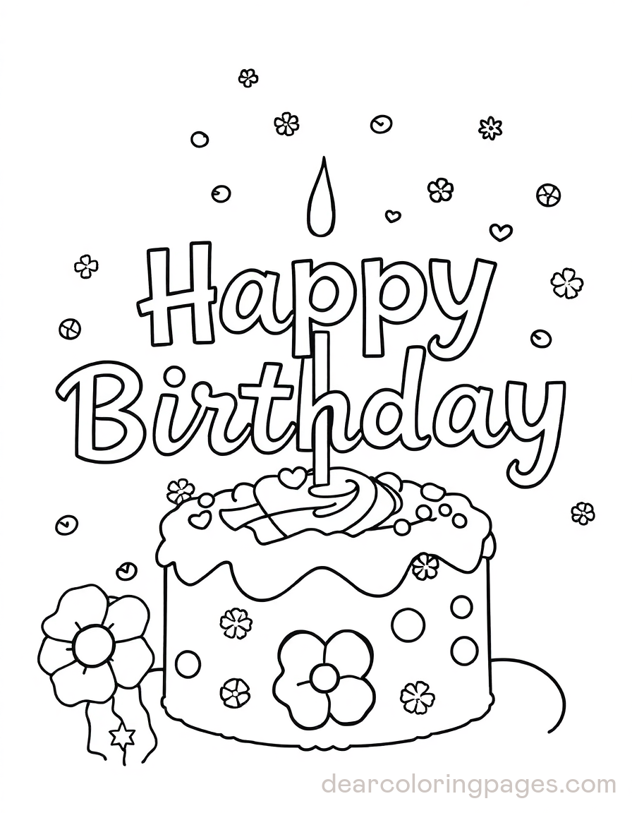 Birthday Cake with Outlined Text Happy Birthday Coloring Page