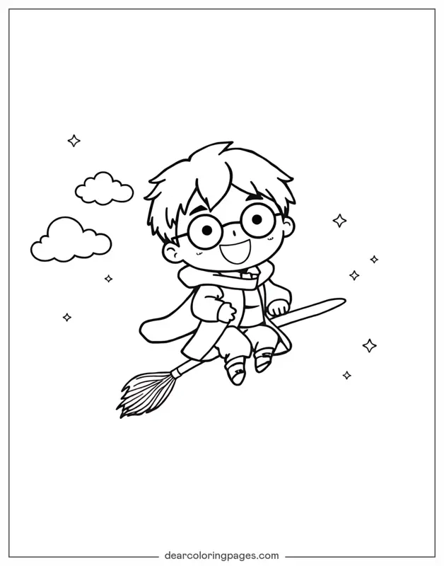 Harry Potter Dibujo para Colorear - Harry Potter en escoba