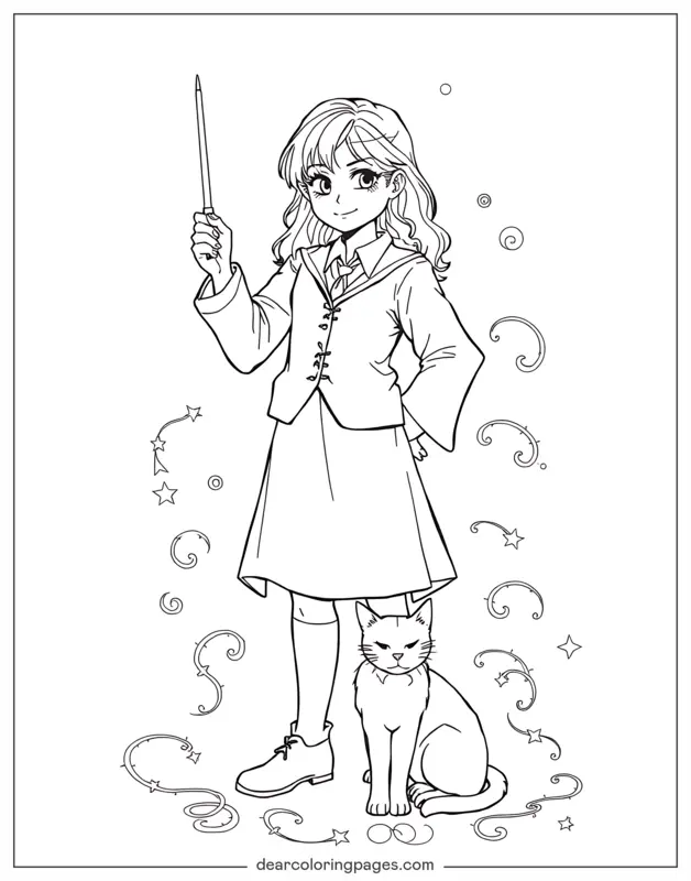 Harry Potter Dibujo para Colorear - Hermione y su gato Crookshanks