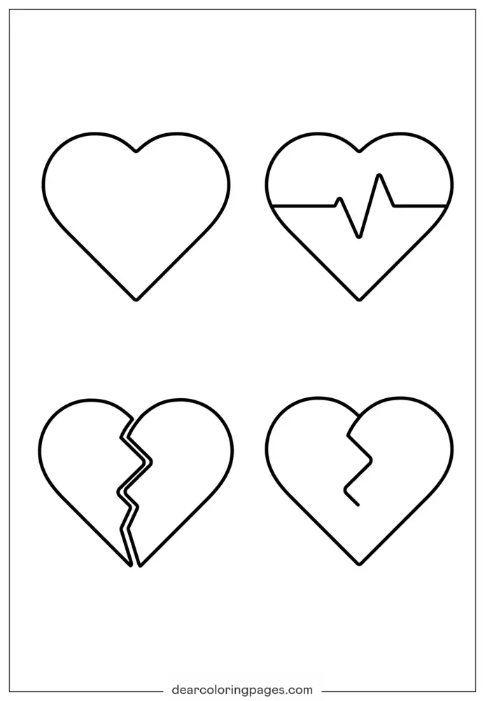 Free Heart Shapes Coloring Page (Plain, Heartbeat, Broken)