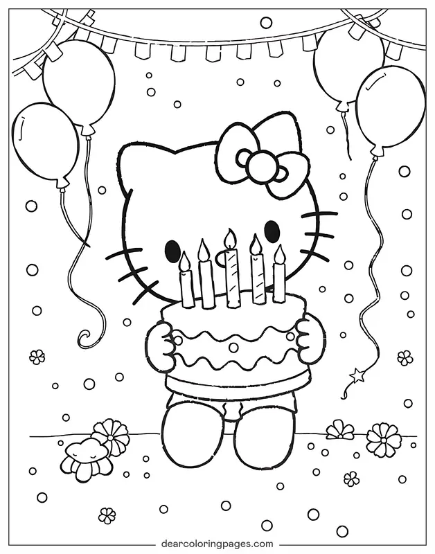 Alles Gute zum Geburtstag Ausmalbild - Hallo Kitty feiert Geburtstag