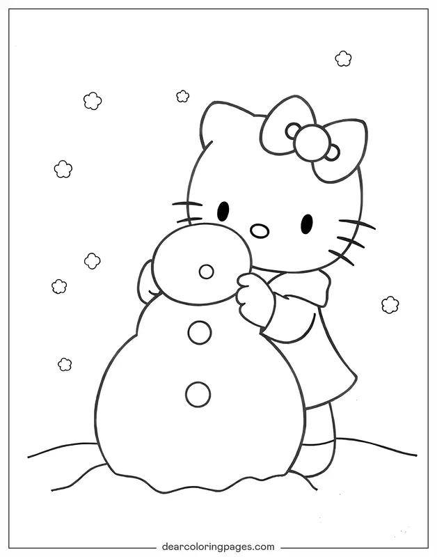 Invierno Dibujo para Colorear - Hola Kitty construyendo un muñeco de nieve