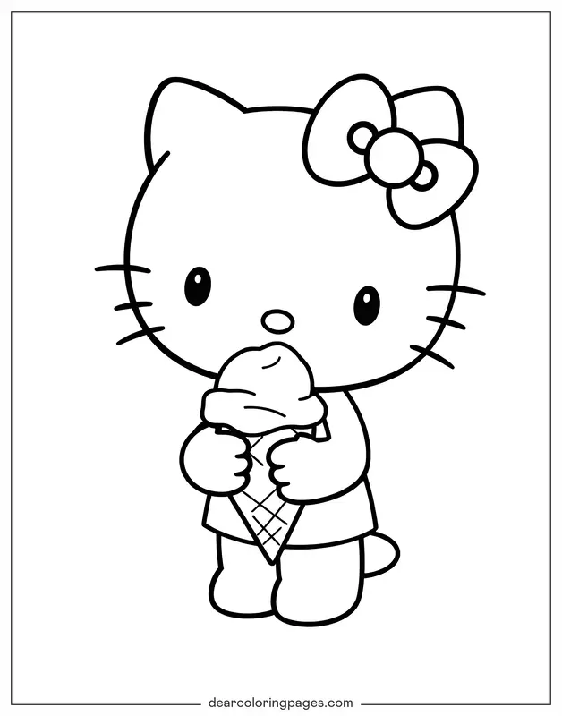 Verano Dibujo para Colorear - Hola Kitty comiendo helado