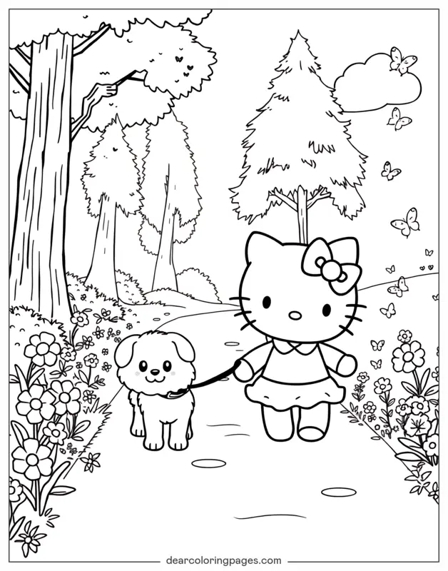 헬로키티 색칠공부 - 헬로키티가 개를 산책시켜요
