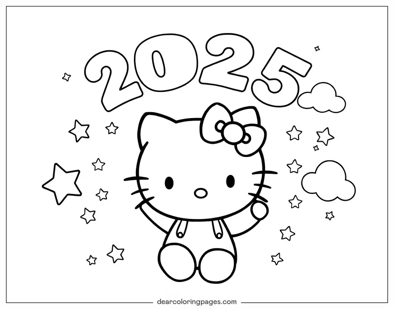 Capodanno Disegno da Colorare - Hello Kitty 2025