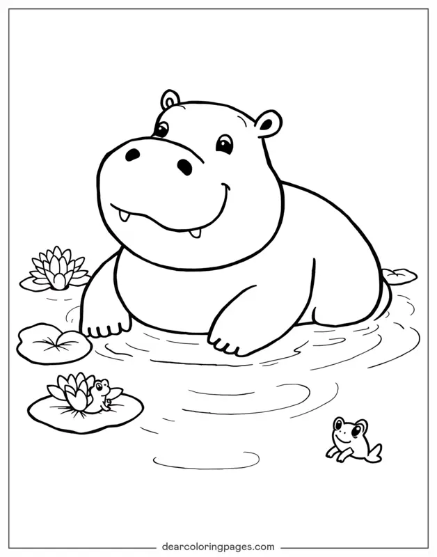 Hippo Coloring Page - Hippo lounging in pond