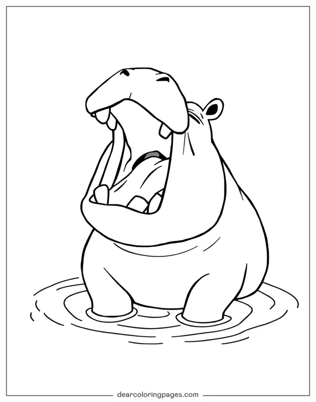 Hippo Coloring Page - Hippo Yawning Widely