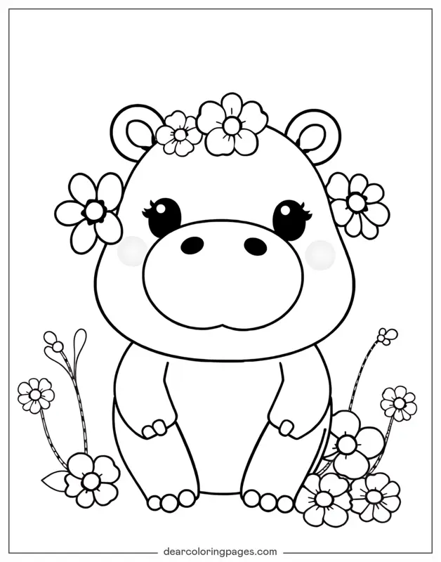 Hippo Coloring Page - Hippo Wearing Flowers