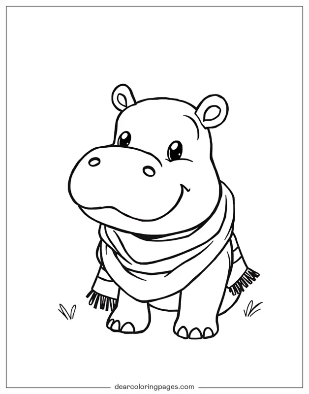 Hippo Coloring Page - Hippo Wearing Scarf