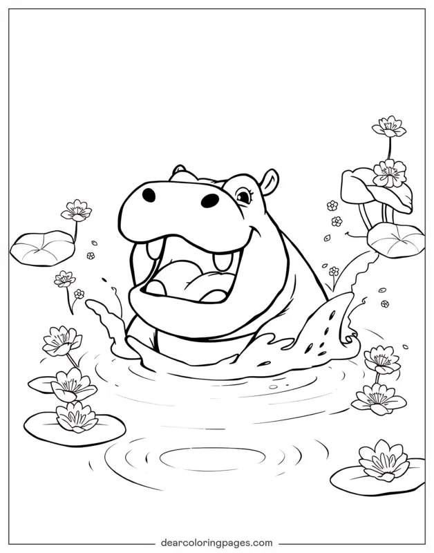 Hippo Coloring Page - Hippo Splashing in Pond