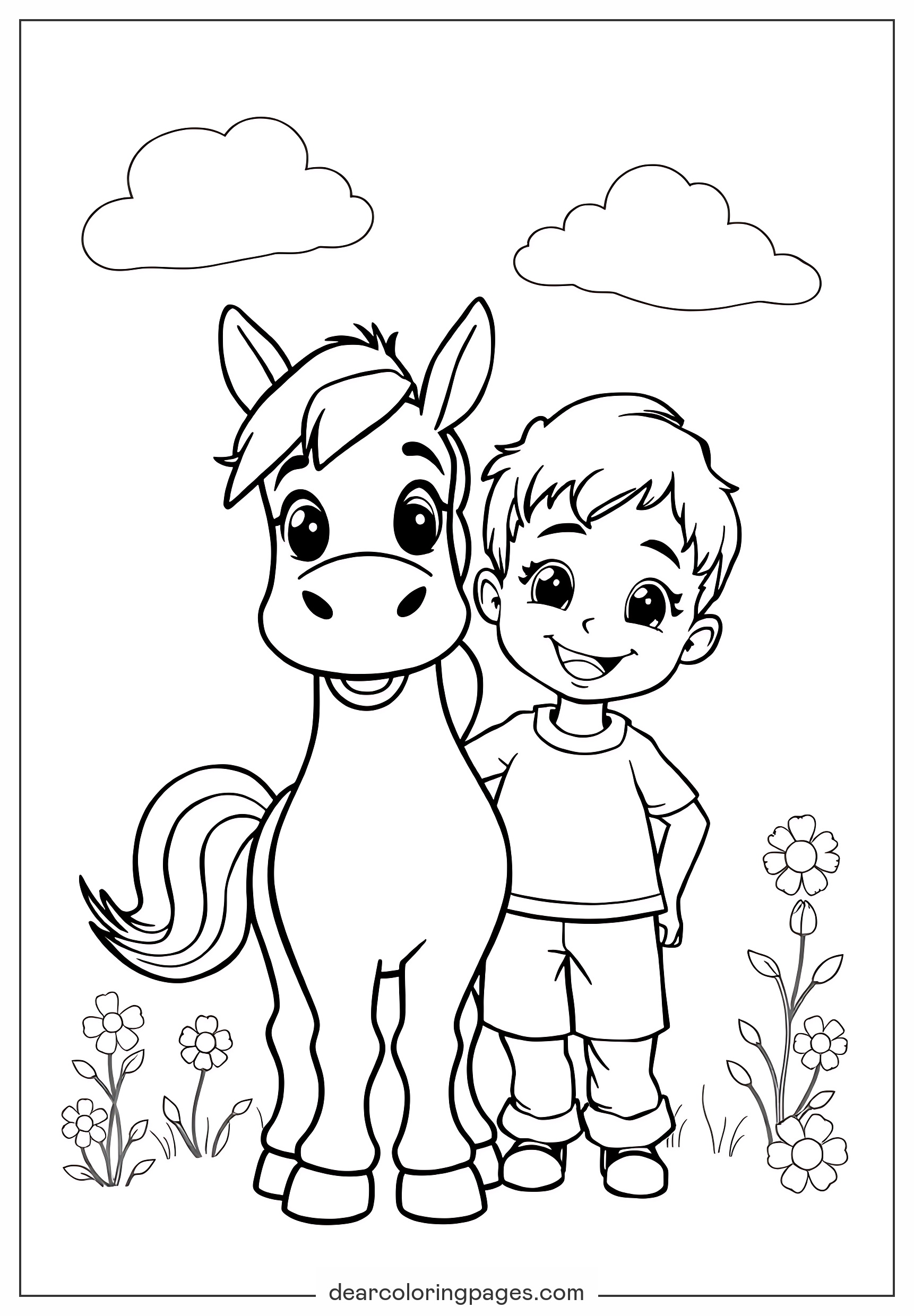 Cavallo Disegno da Colorare - Foglio da Colorare di Bambino e Cavallo Miniatura