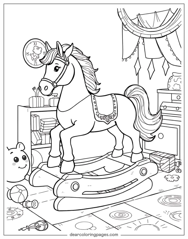 Coloriage de Cheval – Cheval à bascule entouré de jouets