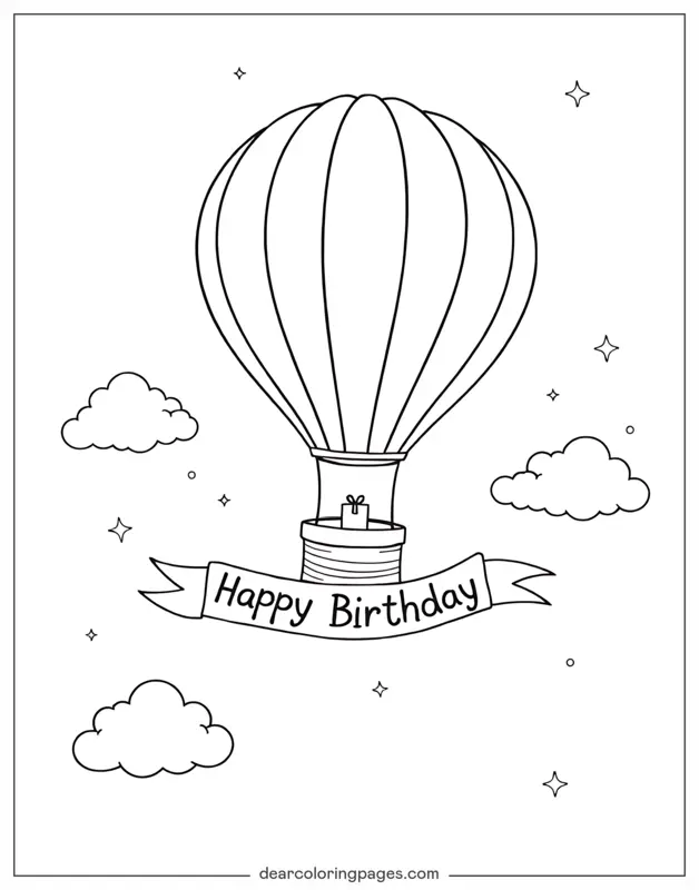 Alles Gute zum Geburtstag Ausmalbild - Heißluftballon mit Happy Birthday