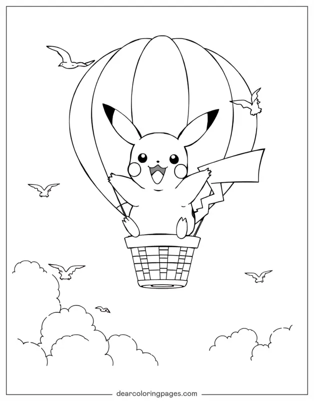 Pikachu Dibujo para Colorear - Pikachu en globo de aire caliente