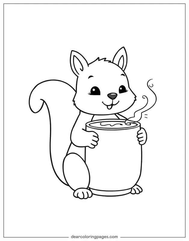 Heiße Schokolade Ausmalbild - Eichhörnchen mit dampfender Tasse heiße Schokolade