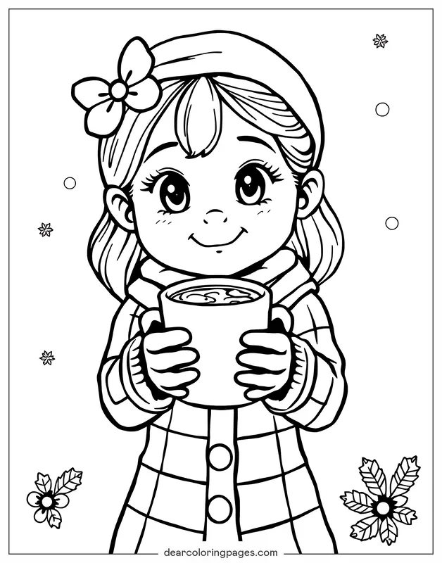 Invierno Dibujo para Colorear - Niña pequeña sosteniendo una taza de chocolate caliente.