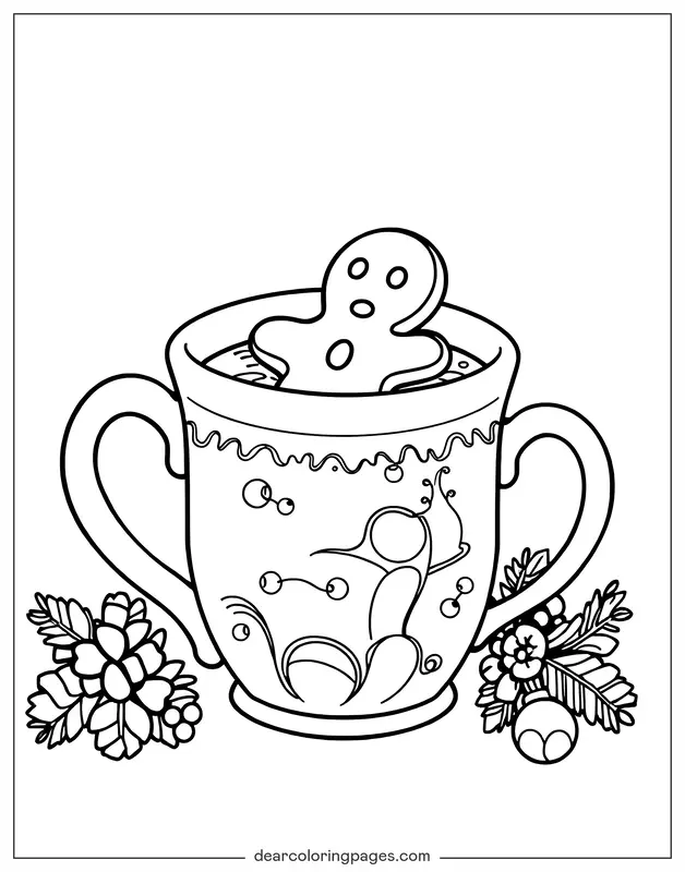 Invierno Dibujo para Colorear - Dibujo para Colorear Taza de Chocolate Caliente con Hombre de Jengibre