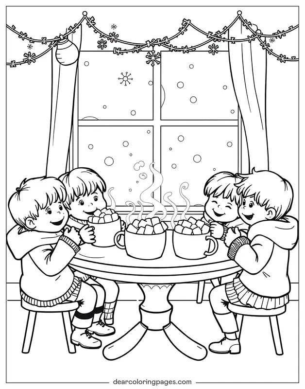 Invierno Dibujo para Colorear - Niños bebiendo chocolate caliente