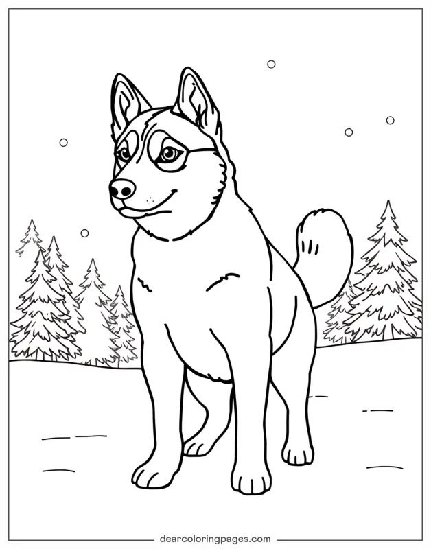 Husky Ausmalbild - Husky mit Bäumen im Hintergrund