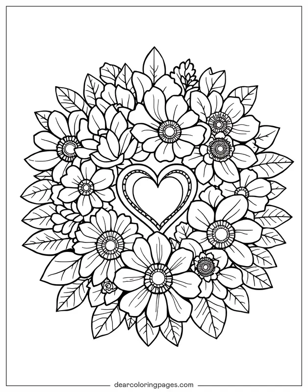 Blume Ausmalbild - Herz zwischen Blumen