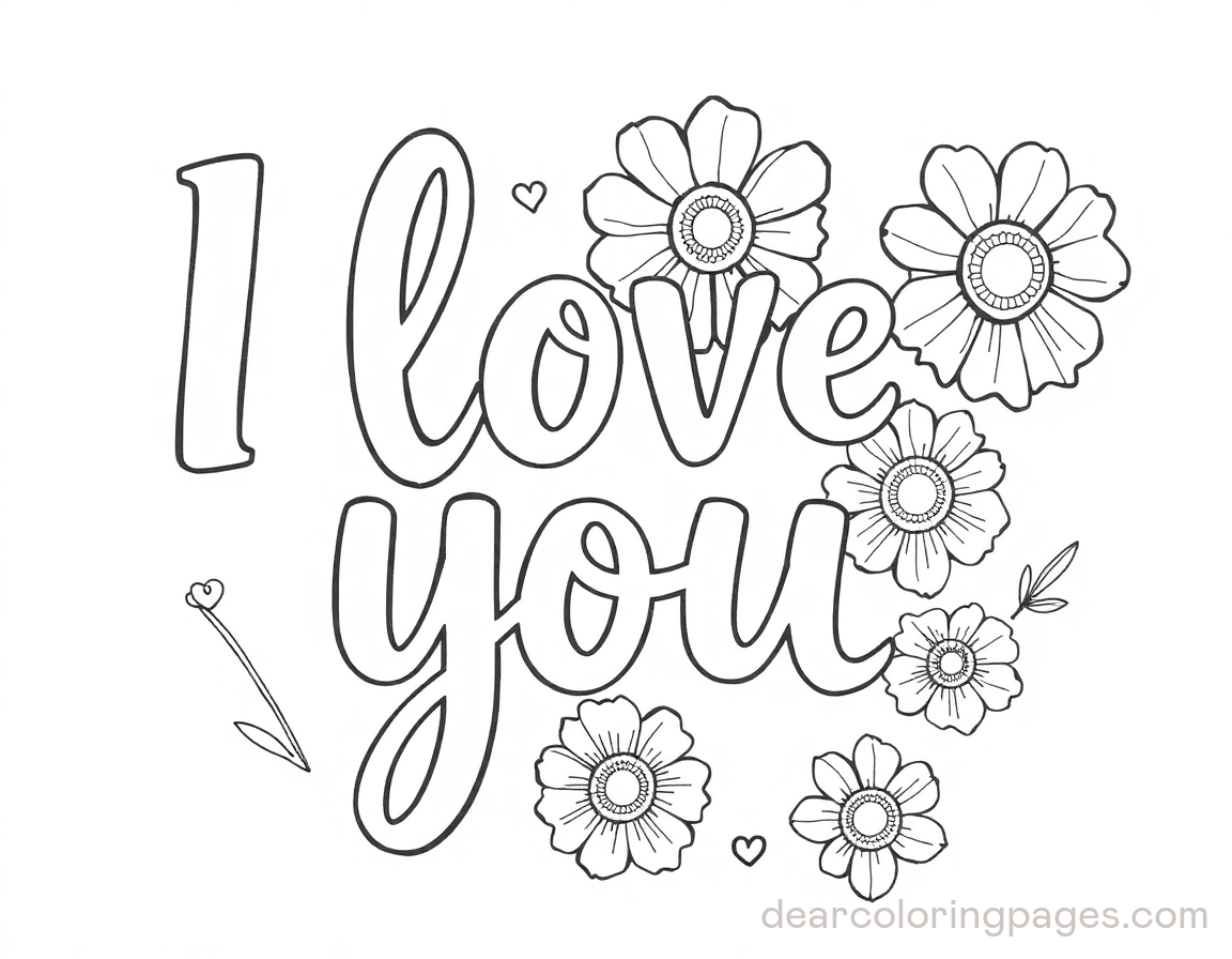 Outlined Text I love you with flowers Coloring Page