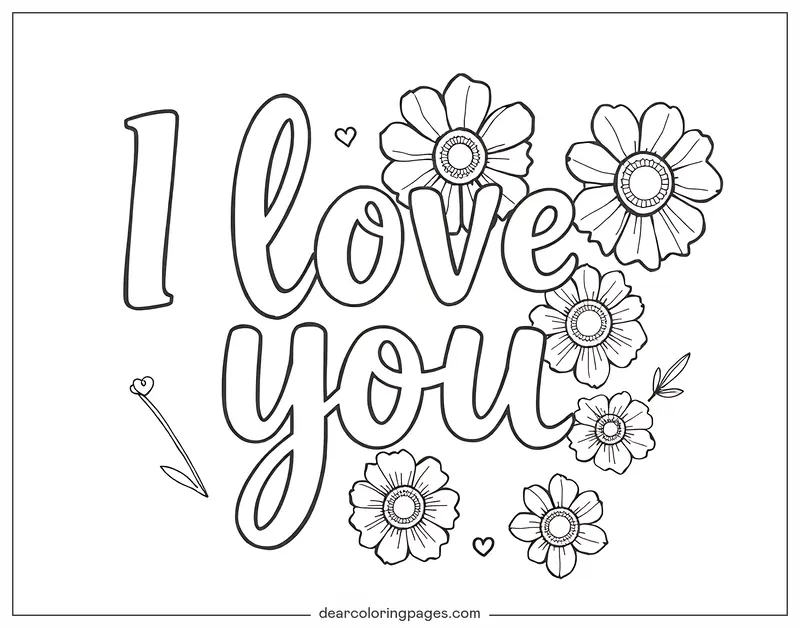 Ich liebe dich Ausmalbild - Umrissener Text Ich liebe dich mit Blumen