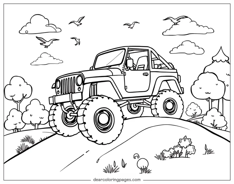 Jeep Coloring Page - Jeep Bouncing Over a Rolling Hill
