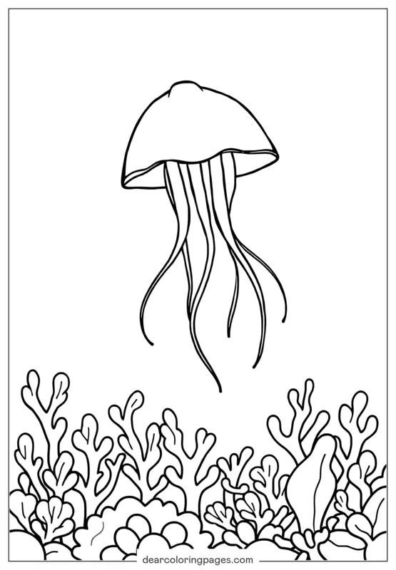Medusa Dibujo para Colorear - Medusas flotando sobre arrecifes de coral